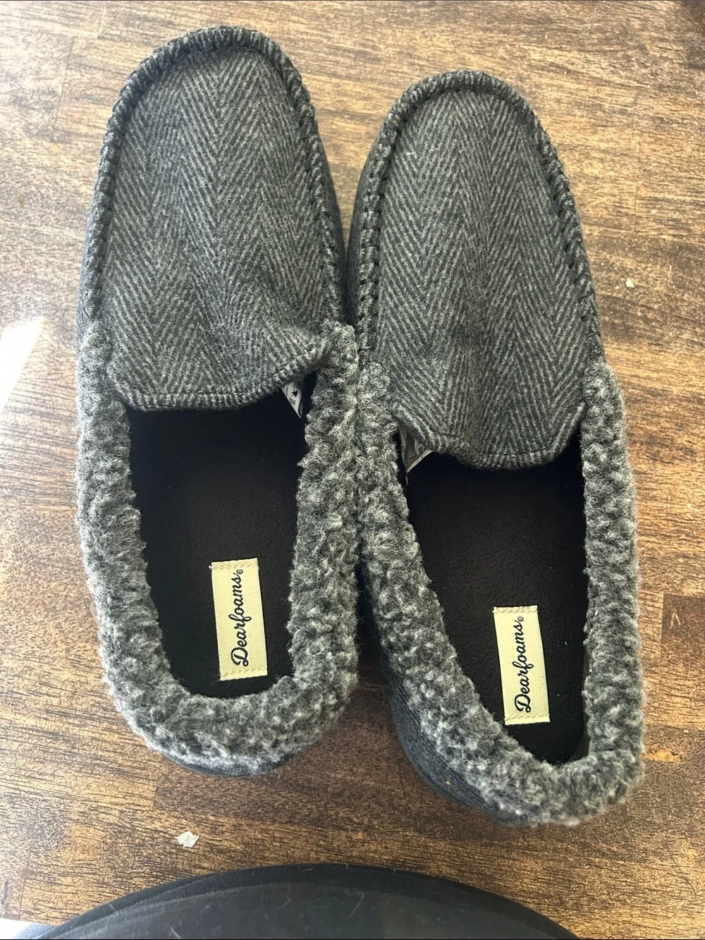 #64. dearfoams Gray Herringbone Fleece-Lined Men’s Slip-On Moccasins